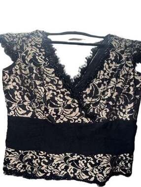Tadashi Collection Black and Nude Lace Plunge Neck Sequin Top Size 14